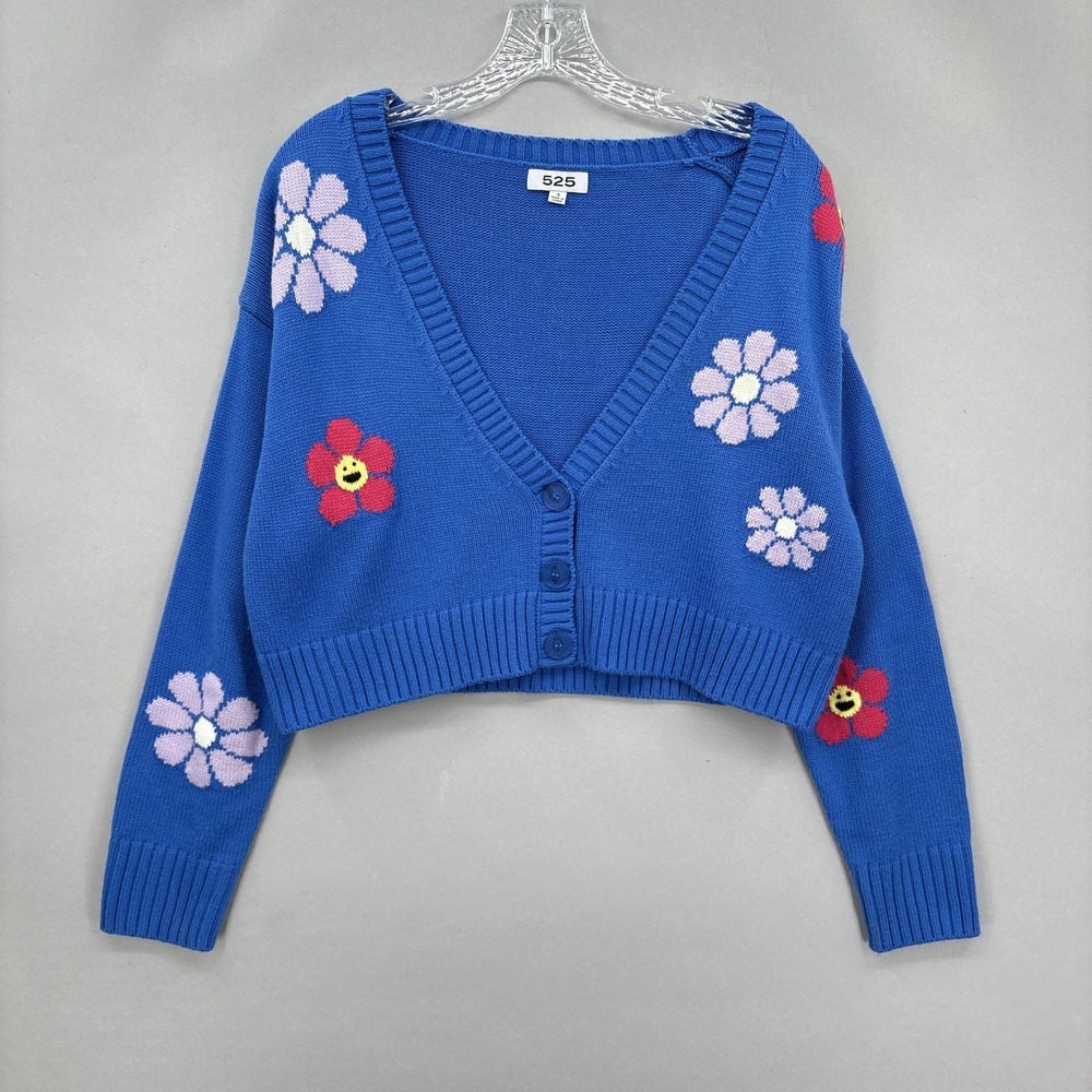 525 Sweater Womens Small Cardigan Blue Floral Cropped Knit Flower Retro‎ Grandma